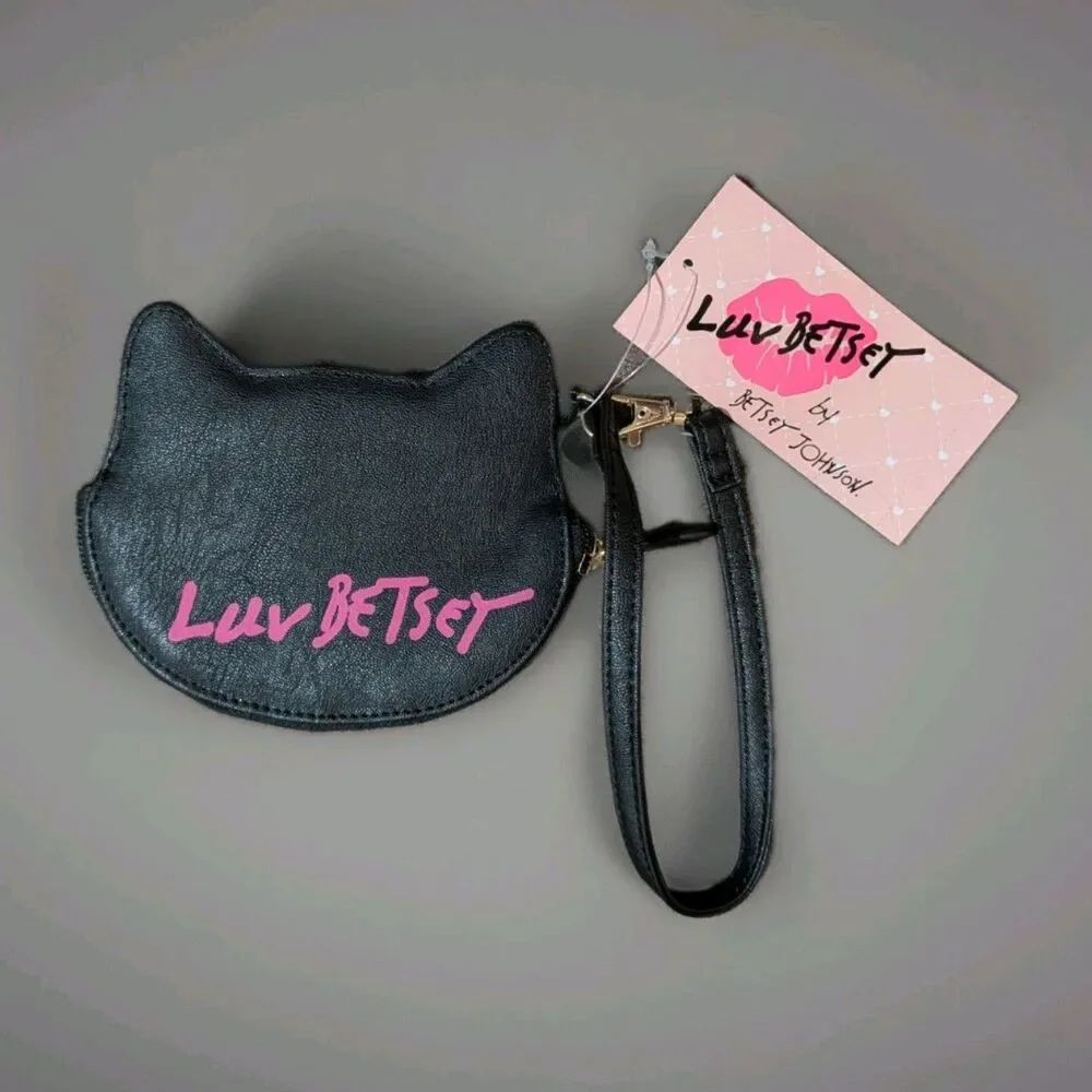 Luv Betsey Johnson French Bulldog Coin Purse Wristlet Wallet Black White NWT